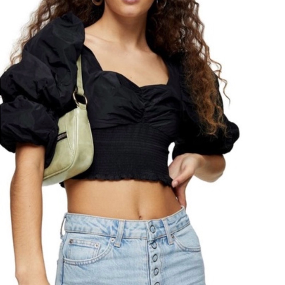 Topshop Black Taffeta Puffed Sleeve Crop Top, Sweetheart Neckline, Size 8